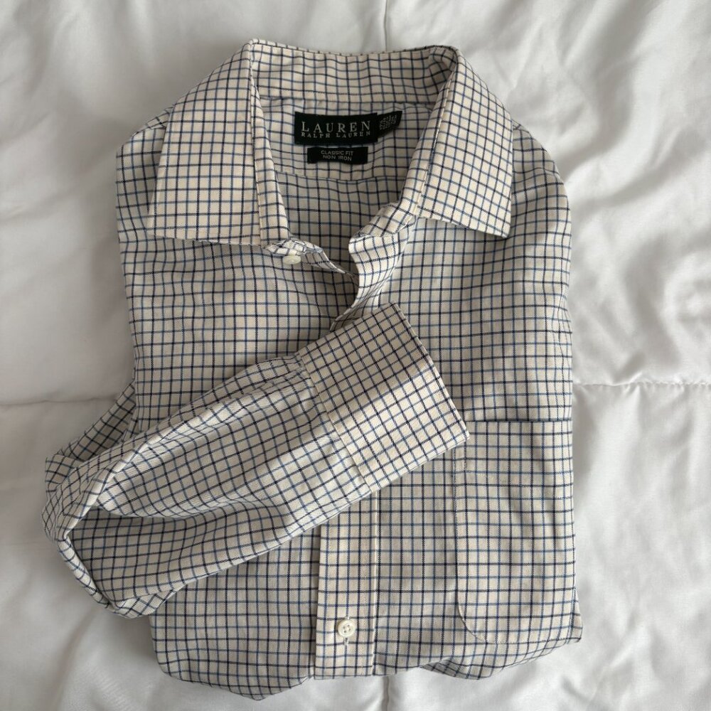 Lauren Ralph Lauren Classic Non-Iron Shirt Blue Off White Grid Check 17.5 32/33